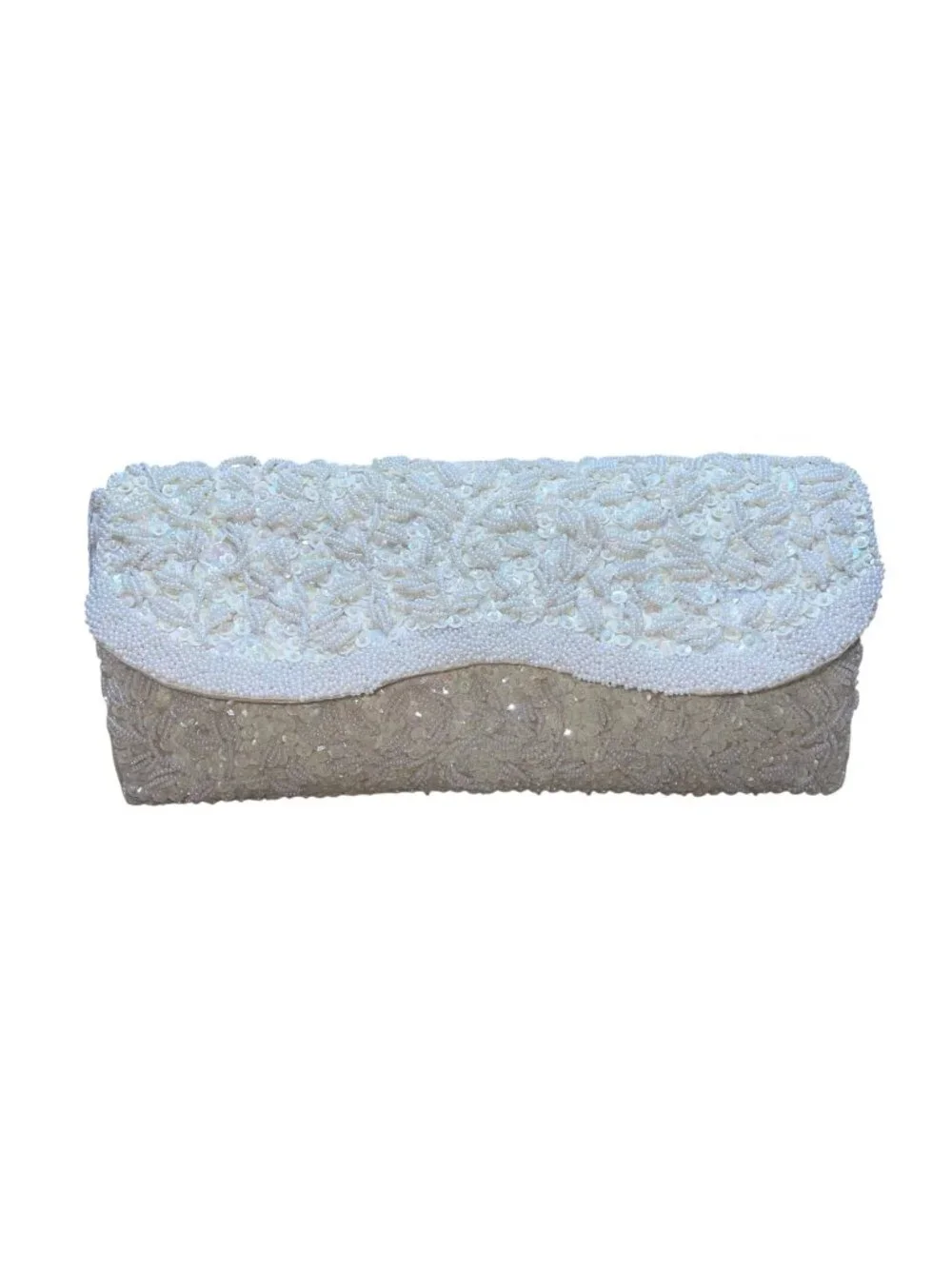 Vintage Handmade Women’s White Satin Beaded Clutch